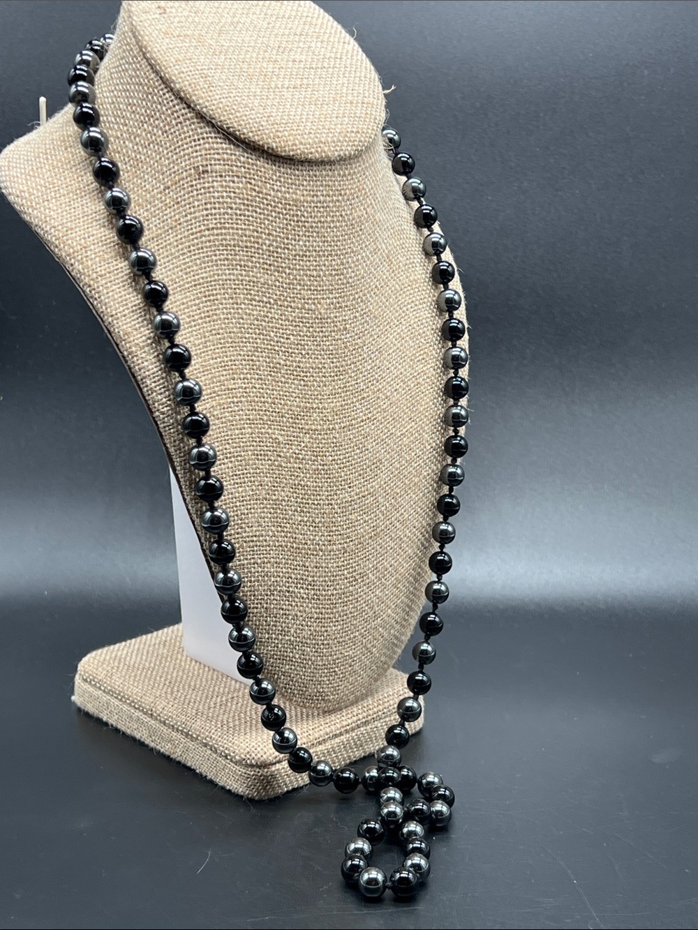 Vintage Black Glass & Hematite Opera Necklace Endless Loop Beaded Statement